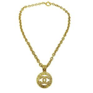 CHANEL Pendant Necklace CC Logo Pearl stone Rhinestone light Gold 09A 032